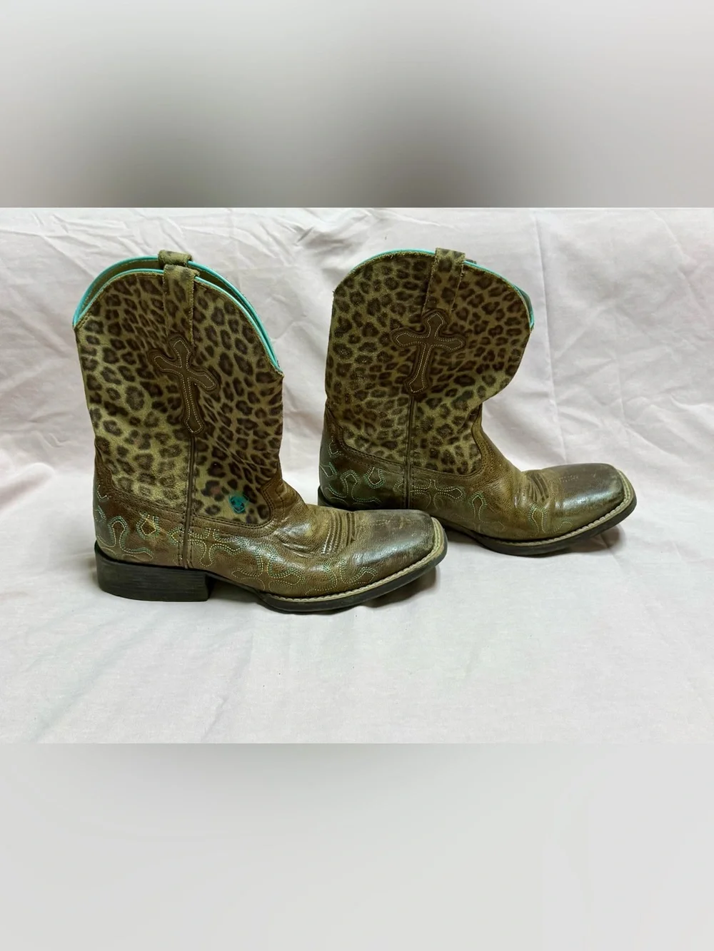 Ariat Brown Leopard-Print Western Boots with Turquoise Trim